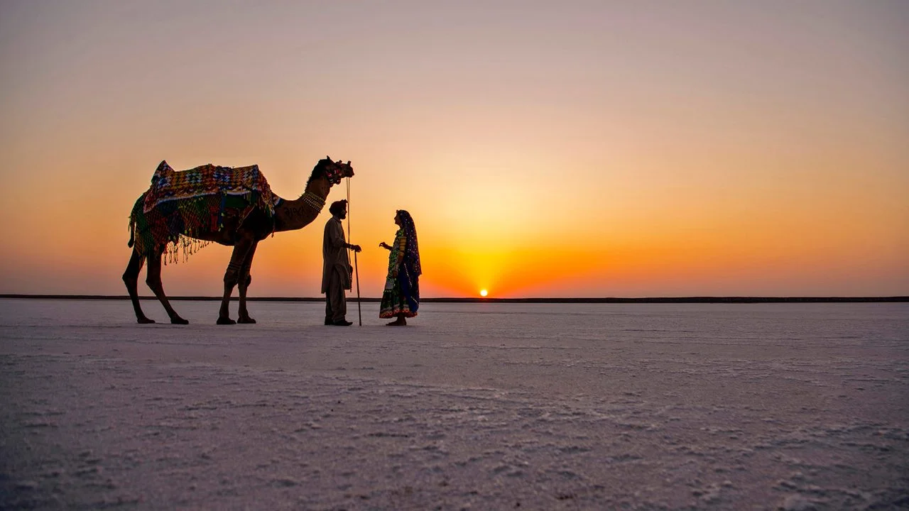 Rann Utsav white salt desert under sunsert orange sky Kutch