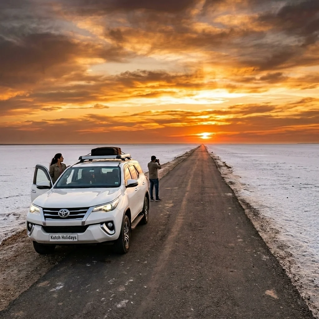 Comfortable AC taxi cab service driving on the scenic Road to Heaven in Kutch
